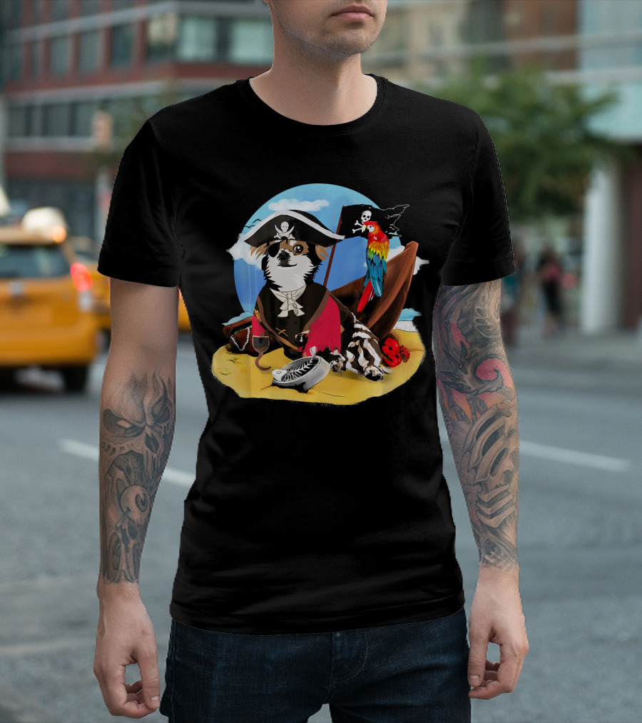 Funny Pirate Chihuahua Jack Cari Parrot Ship Skull Flag Adventure T-Shirt
