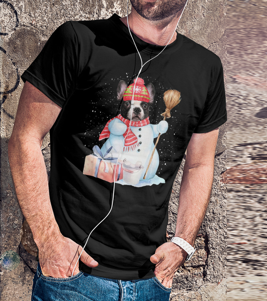 French Bulldog Snowman With Snowflakes Hat And Broom T-Shirt