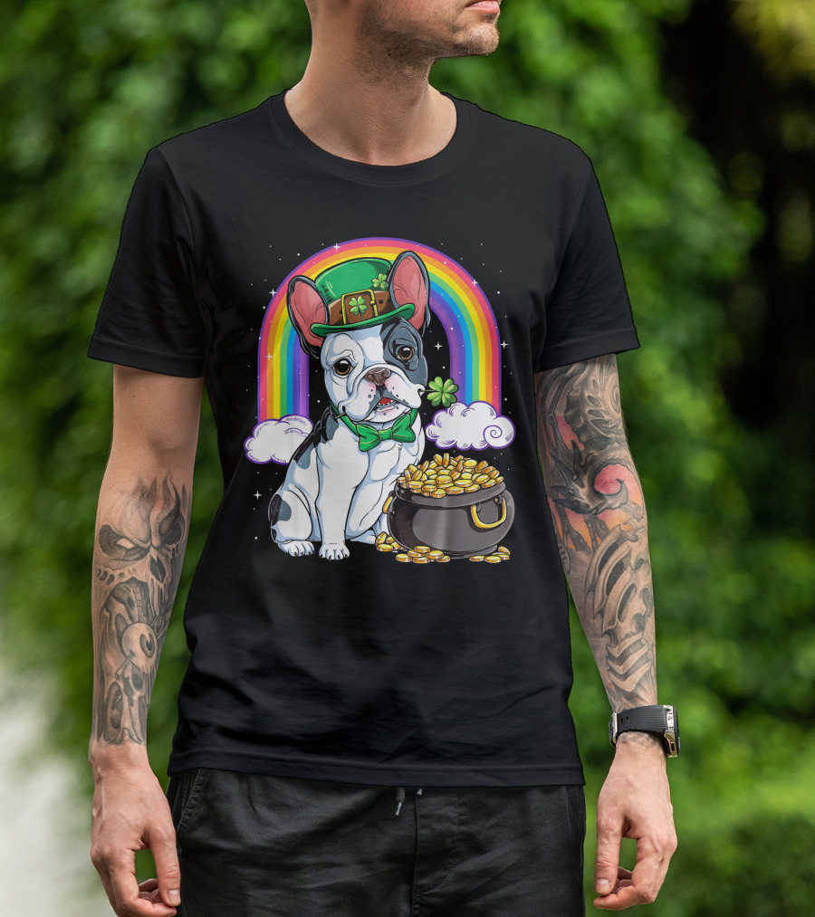 French Bulldog Leprechaun Rainbow Pot Of Gold And Shamrock T-Shirt