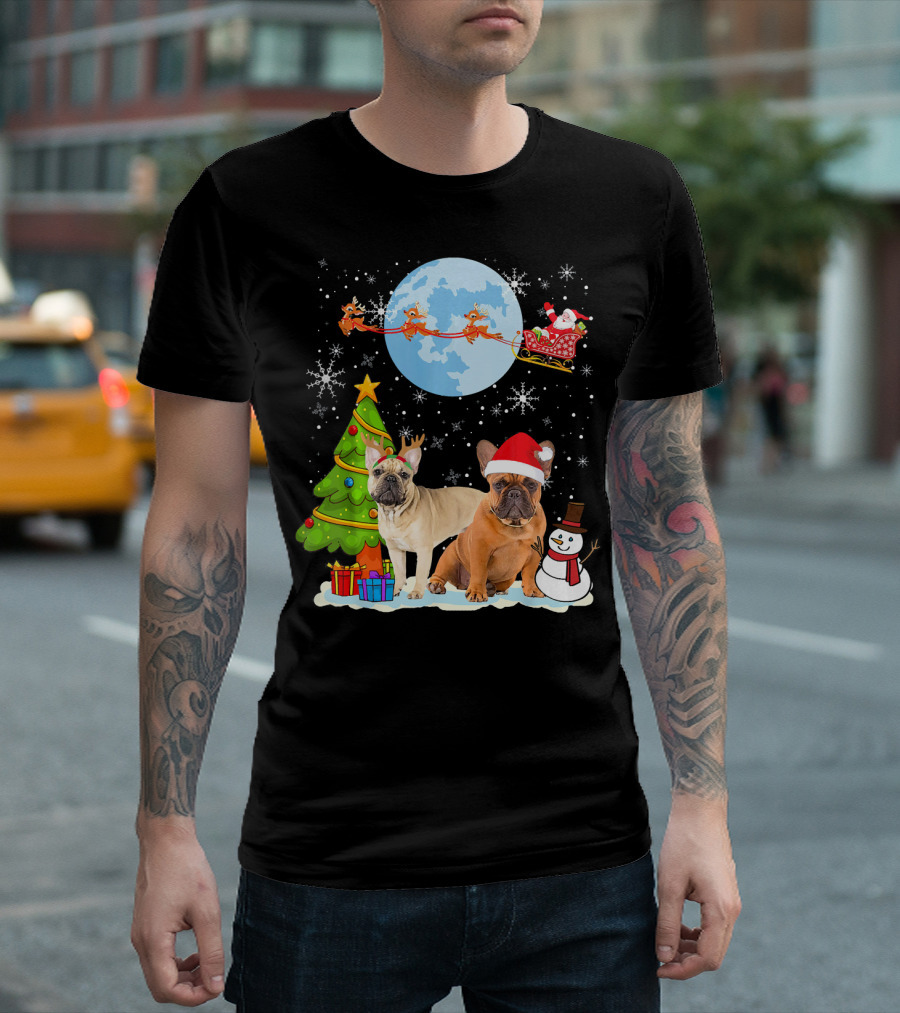 Funny French Bulldog Christmas Moon Santa Reindeer Sleigh Tree Snowman T-Shirt