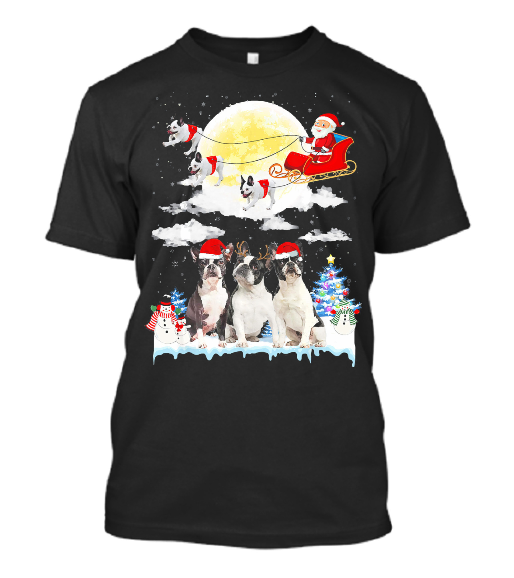 French Bulldog Christmas Santa Sleigh With Snowmen And Christmas Tree T-Shirt