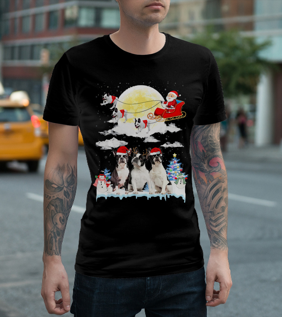 French Bulldog Christmas Santa Sleigh With Snowmen And Christmas Tree T-Shirt