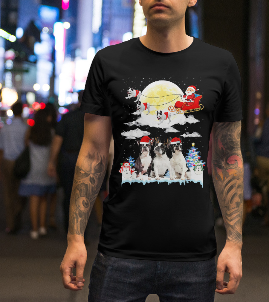 French Bulldog Christmas Santa Sleigh With Snowmen And Christmas Tree T-Shirt