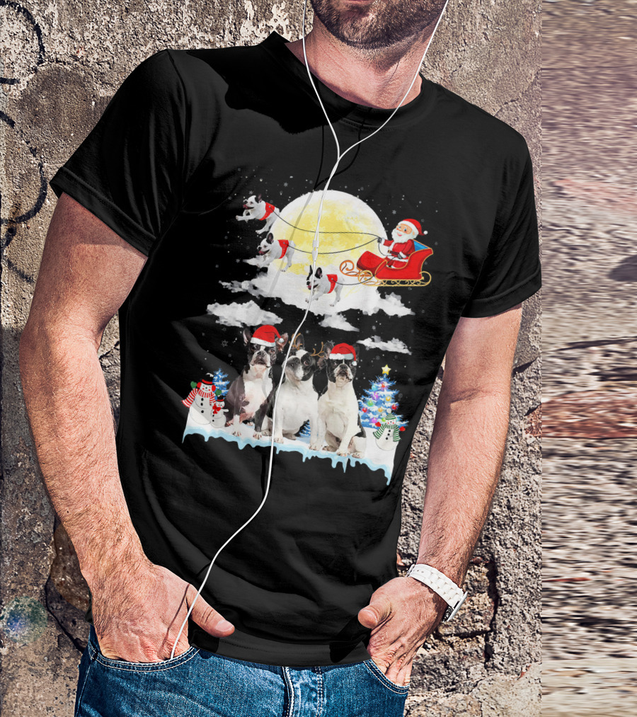 French Bulldog Christmas Santa Sleigh With Snowmen And Christmas Tree T-Shirt