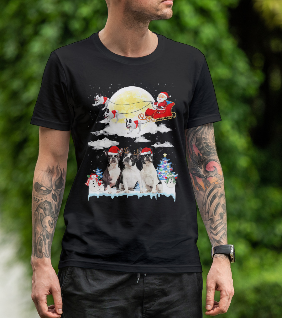French Bulldog Christmas Santa Sleigh With Snowmen And Christmas Tree T-Shirt