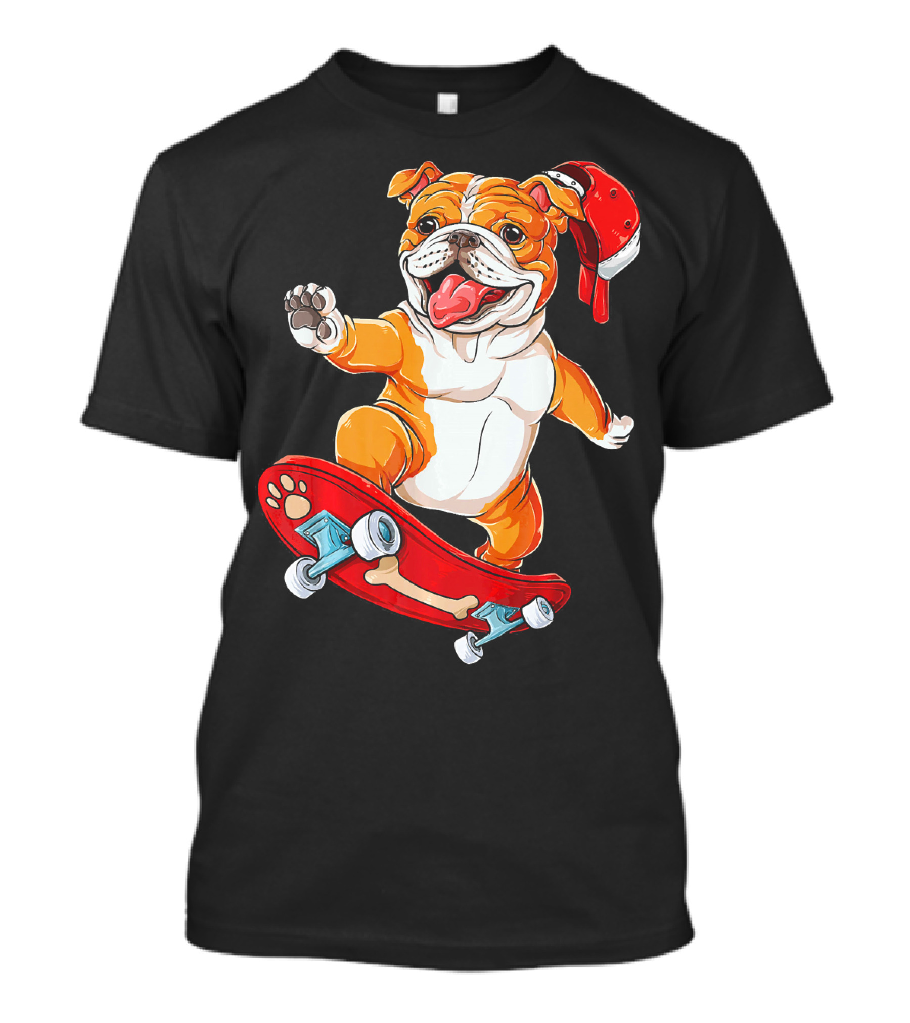 English Bulldog Riding Red Skateboard With Bone Design And Red Hat T-Shirt