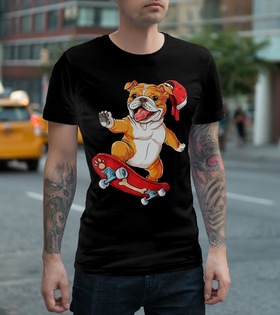 English Bulldog Riding Red Skateboard With Bone Design And Red Hat T-Shirt