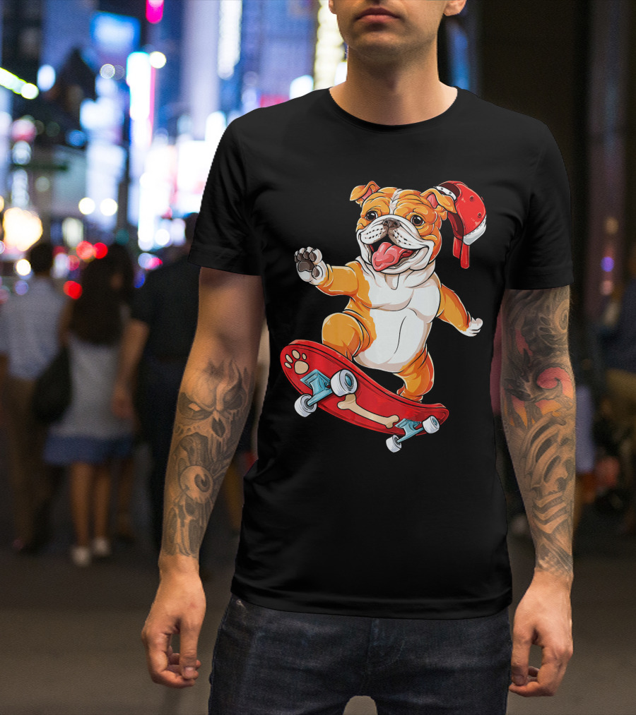 English Bulldog Riding Red Skateboard With Bone Design And Red Hat T-Shirt