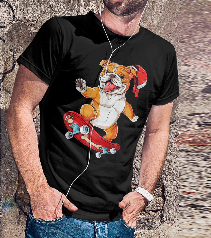 English Bulldog Riding Red Skateboard With Bone Design And Red Hat T-Shirt