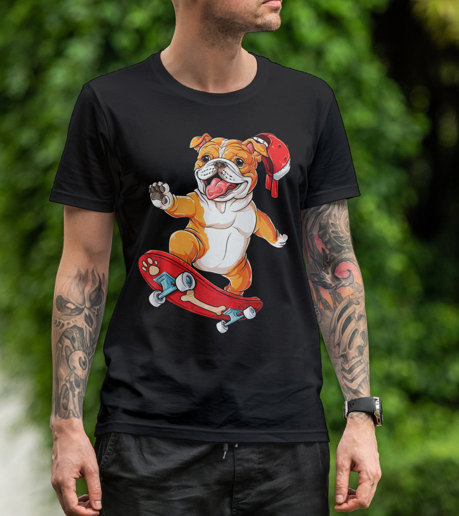 English Bulldog Riding Red Skateboard With Bone Design And Red Hat T-Shirt