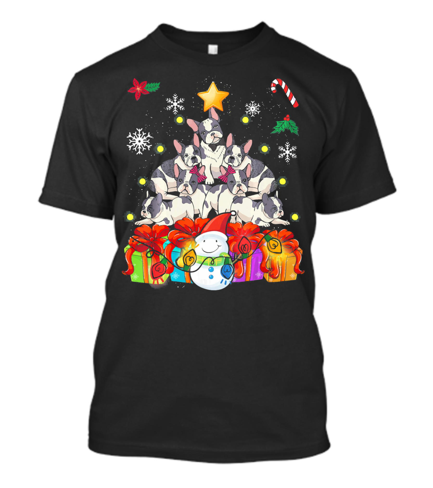 French Bulldog Christmas Tree Presents Snowman Candy Cane T-Shirt