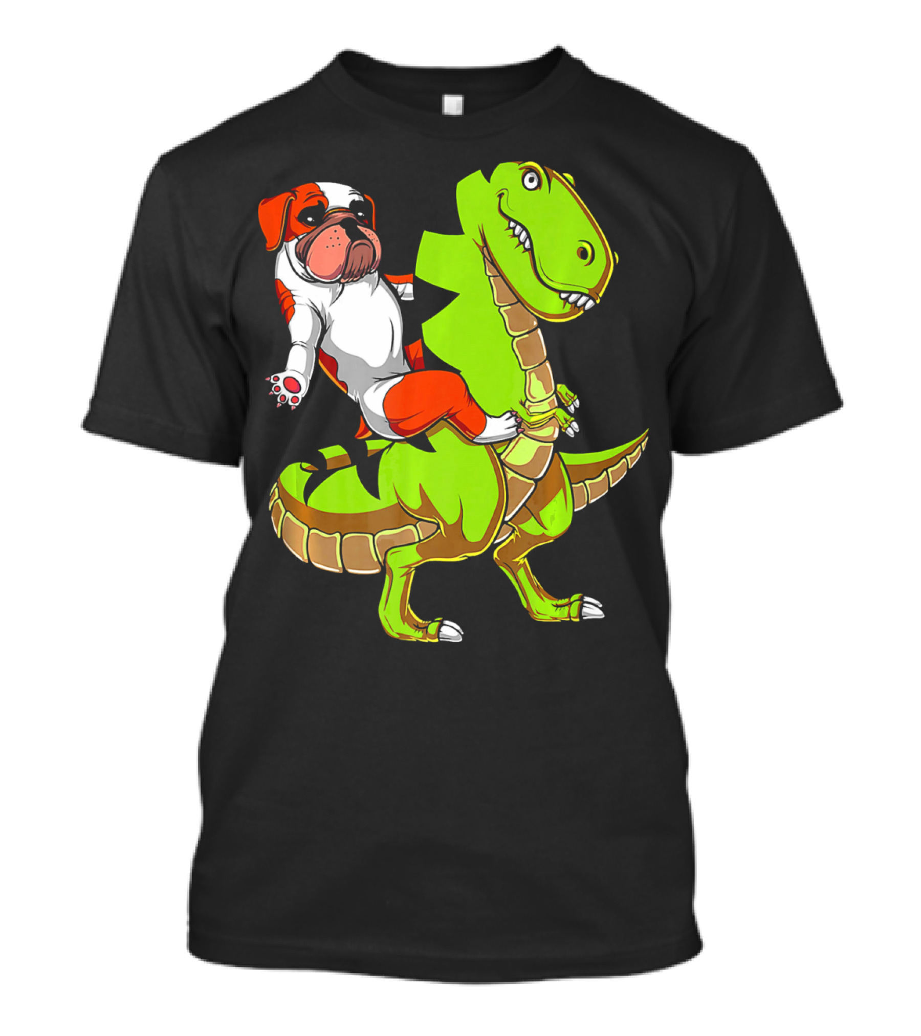 English Bulldog Riding T-Rex Dinosaur T-Shirt