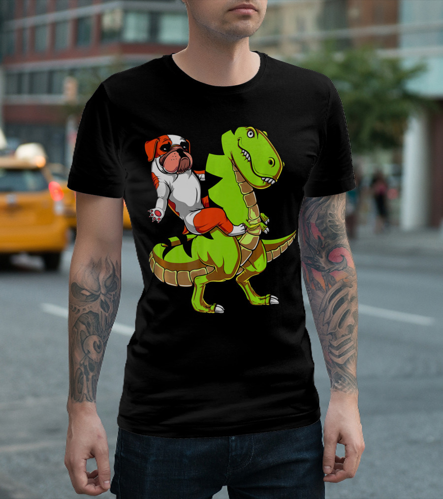 English Bulldog Riding T-Rex Dinosaur T-Shirt