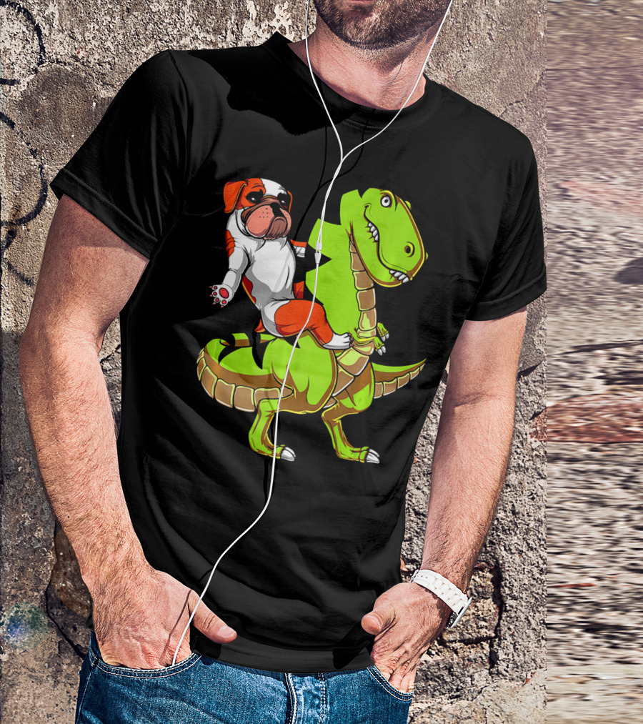 English Bulldog Riding T-Rex Dinosaur T-Shirt
