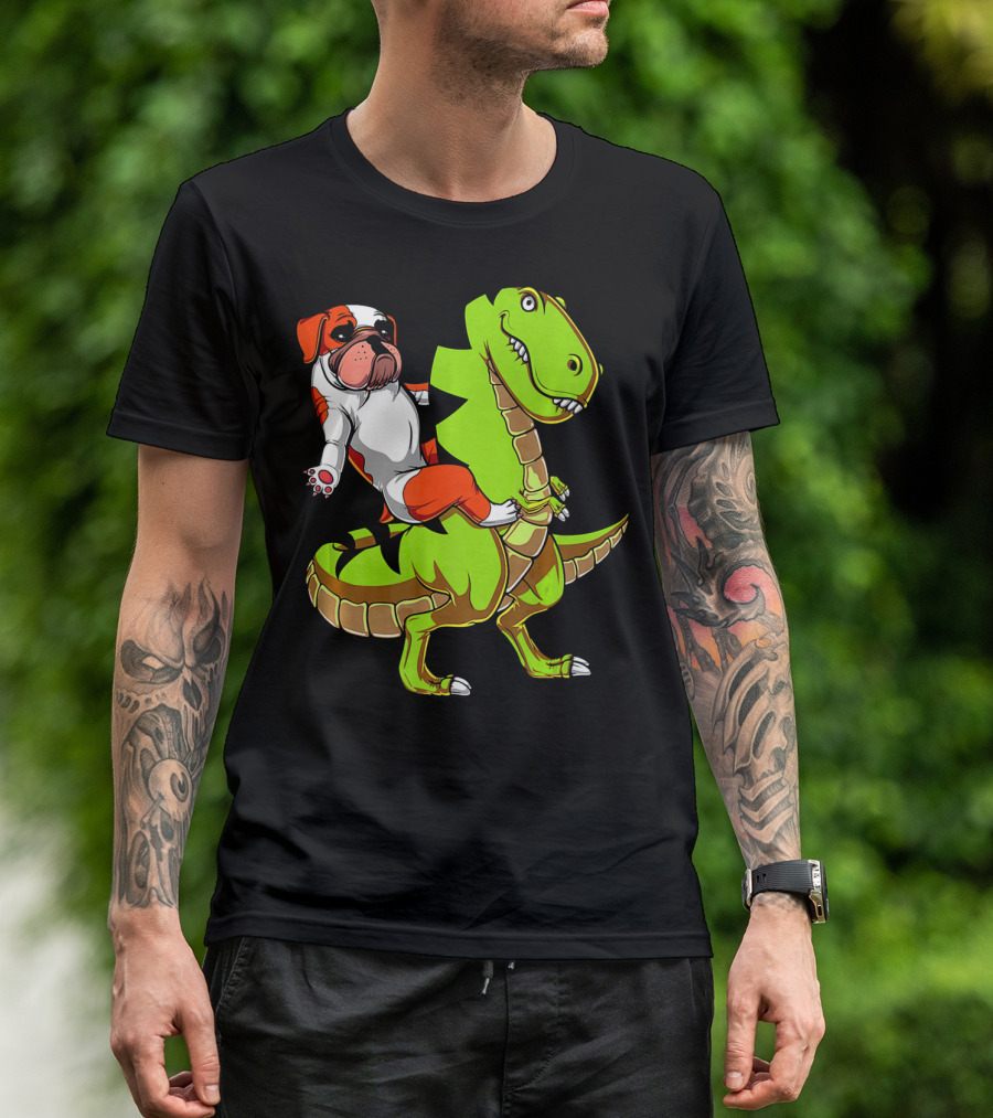 English Bulldog Riding T-Rex Dinosaur T-Shirt