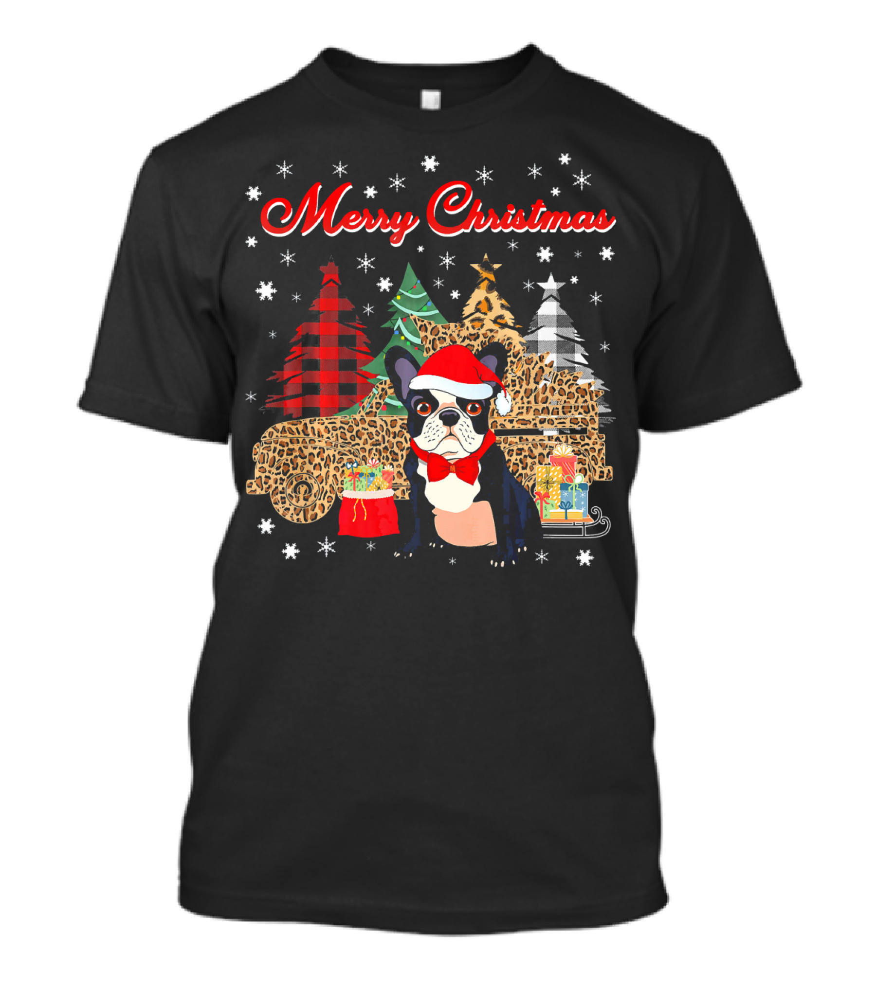 Merry Christmas French Bulldog Leopard Plaid Truck With Gifts And Trees T-Shirt