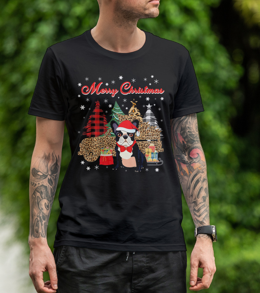 Merry Christmas French Bulldog Leopard Plaid Truck With Gifts And Trees T-Shirt