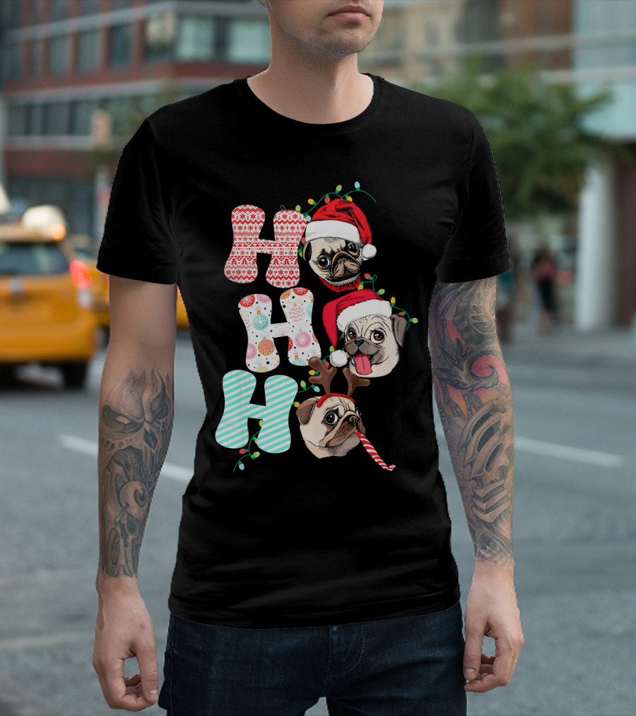 Ho Ho Ho Christmas Pug Santa and Reindeer Dogs T-Shirt