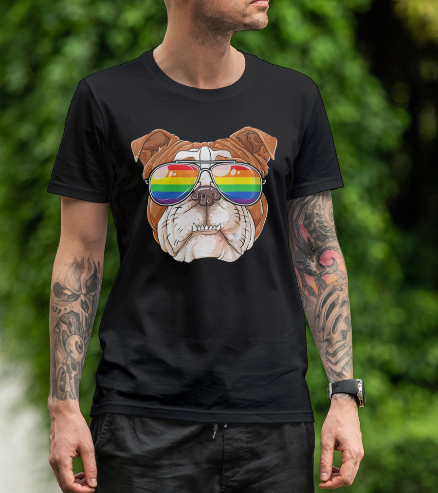 English Bulldog With Rainbow Gay Pride Flag Sunglasses T-Shirt