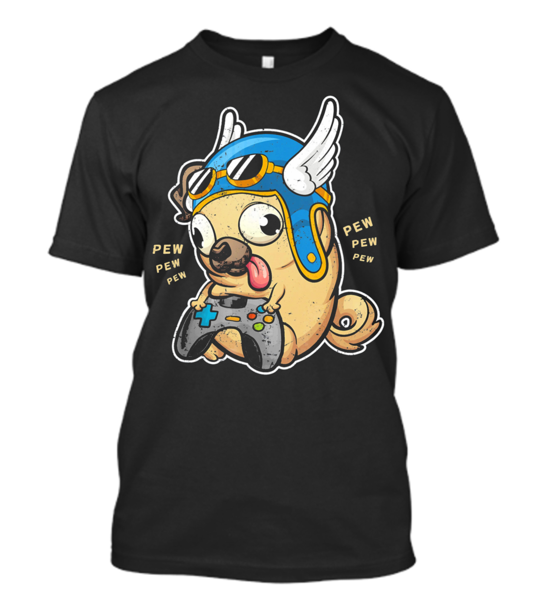Pug Gamer With Blue Winged Helmet And Controller Saying Pew Pew T-Shirt