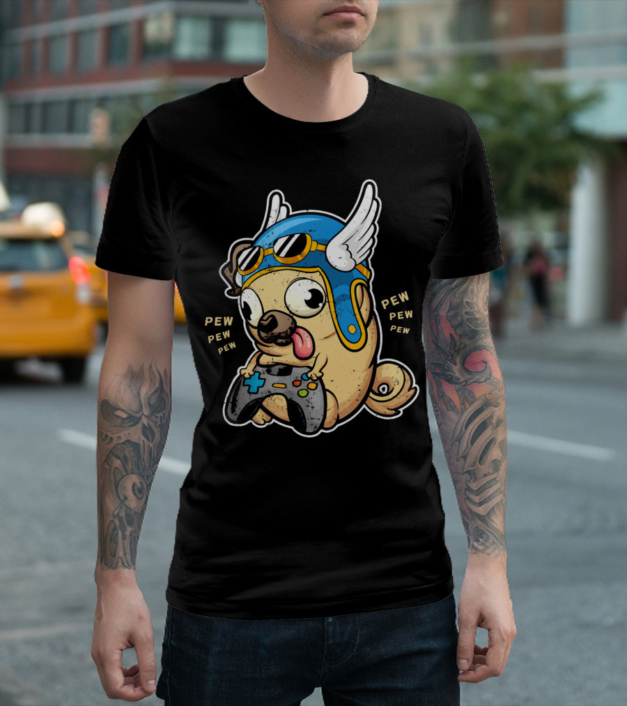 Pug Gamer With Blue Winged Helmet And Controller Saying Pew Pew T-Shirt
