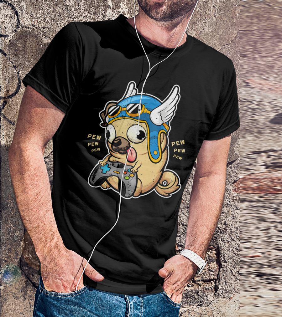 Pug Gamer With Blue Winged Helmet And Controller Saying Pew Pew T-Shirt