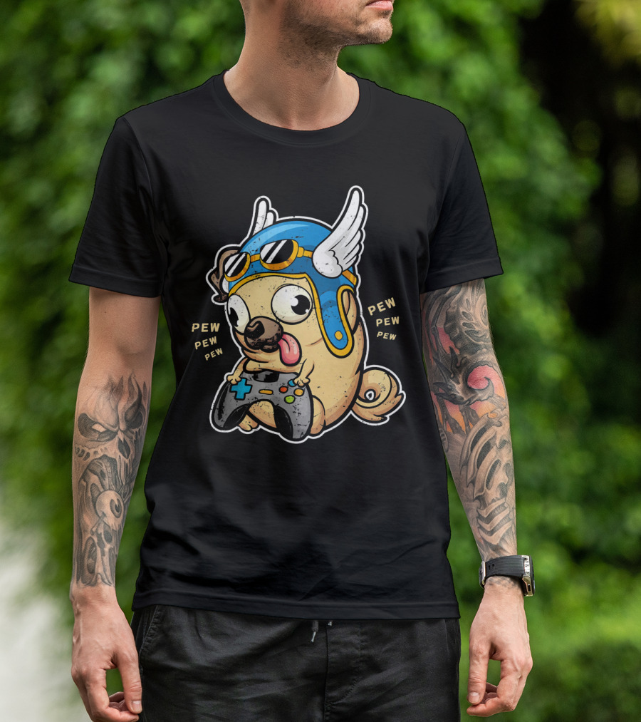 Pug Gamer With Blue Winged Helmet And Controller Saying Pew Pew T-Shirt