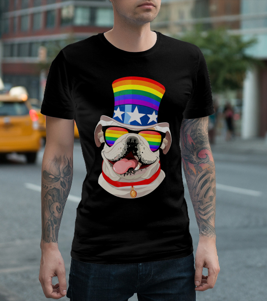 English Bulldog Rainbow Gay Pride Stars and Stripes Hat T-Shirt