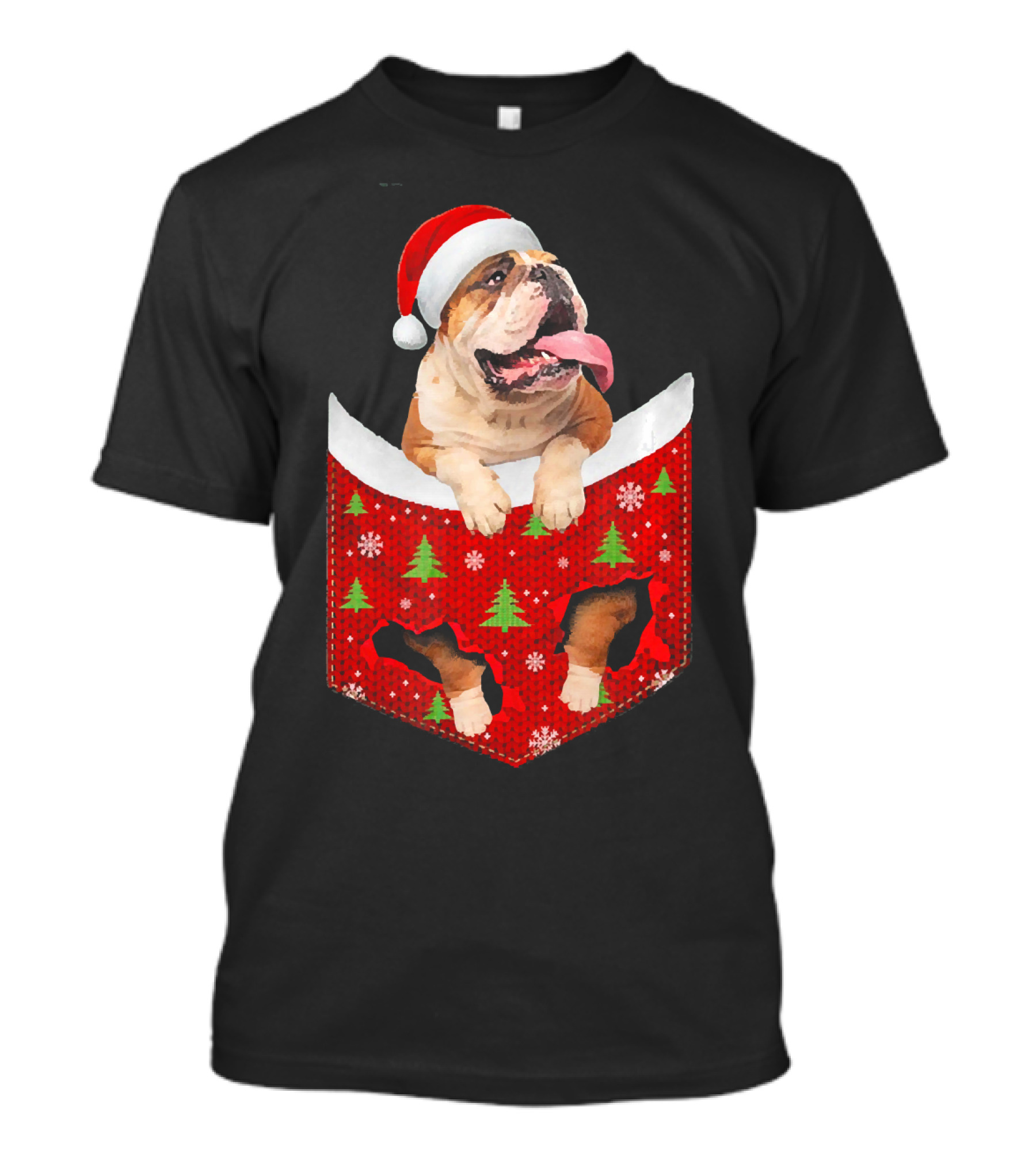 English Bulldog Xmas Pocket Funny Santa Hat Christmas Trees Snowflakes T-Shirt