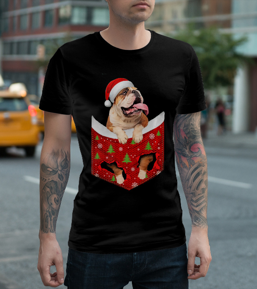 English Bulldog Xmas Pocket Funny Santa Hat Christmas Trees Snowflakes T-Shirt