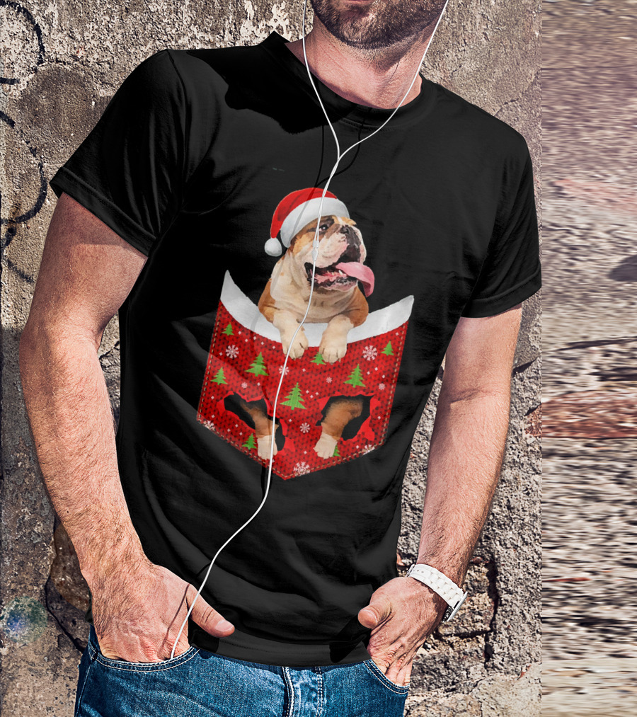 English Bulldog Xmas Pocket Funny Santa Hat Christmas Trees Snowflakes T-Shirt