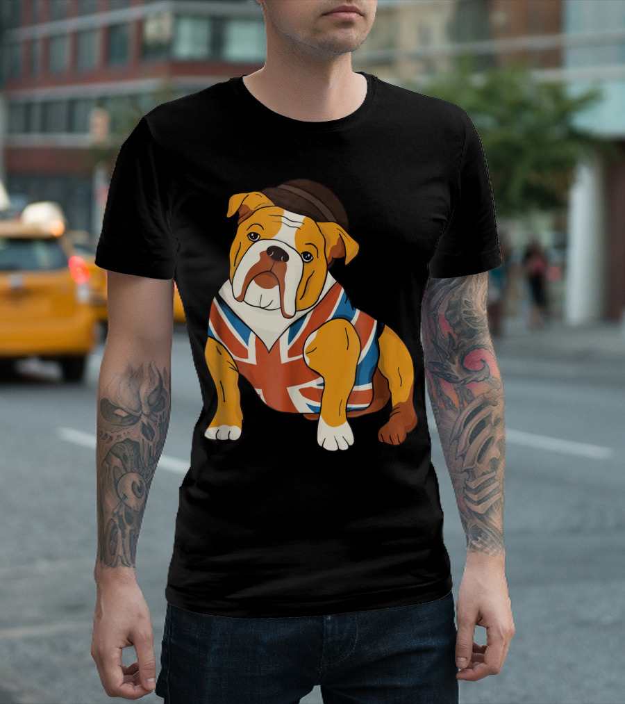 Funny English Bulldog Wearing A Union Jack Shirt And Hat T-Shirt