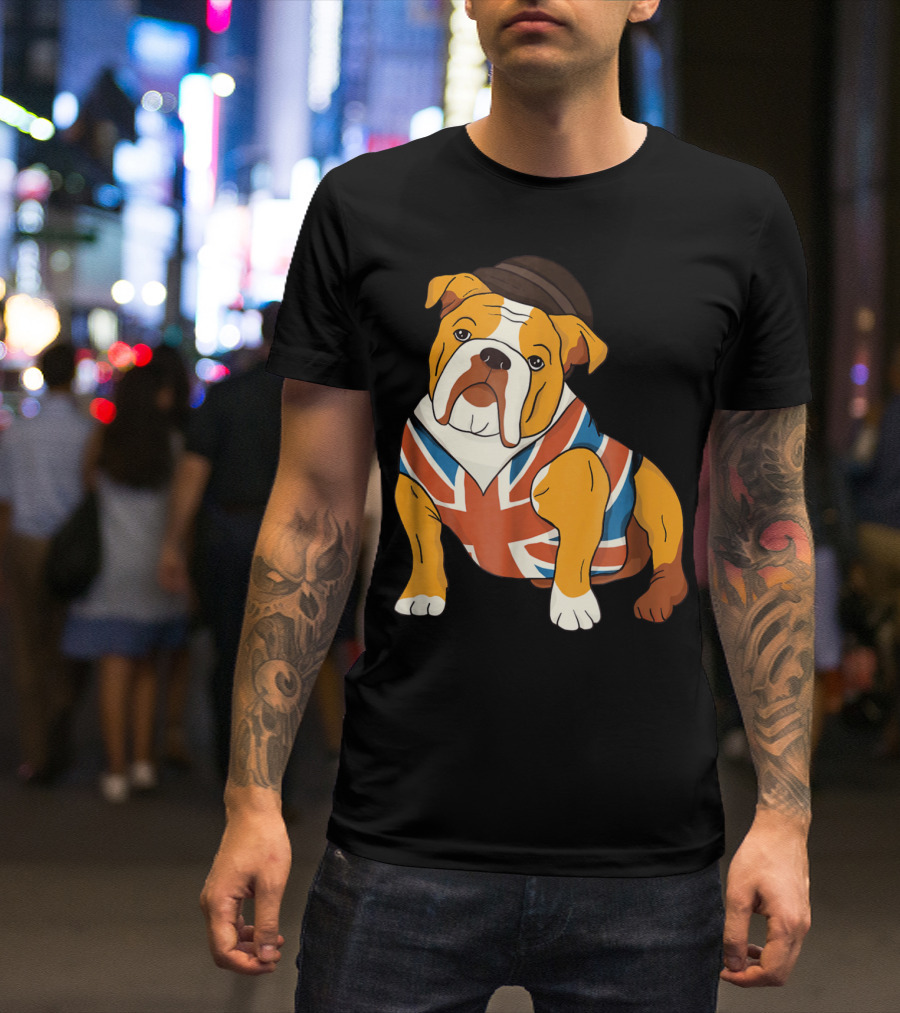 Funny English Bulldog Wearing A Union Jack Shirt And Hat T-Shirt
