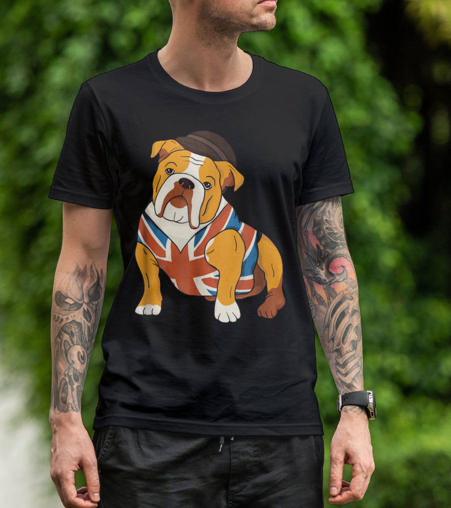 Funny English Bulldog Wearing A Union Jack Shirt And Hat T-Shirt