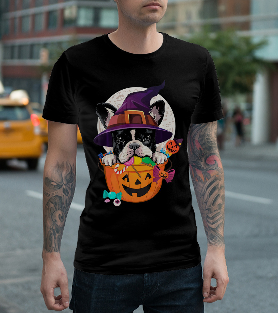 French Bulldog Witch in Halloween Pumpkin with Candy T-Shirt
