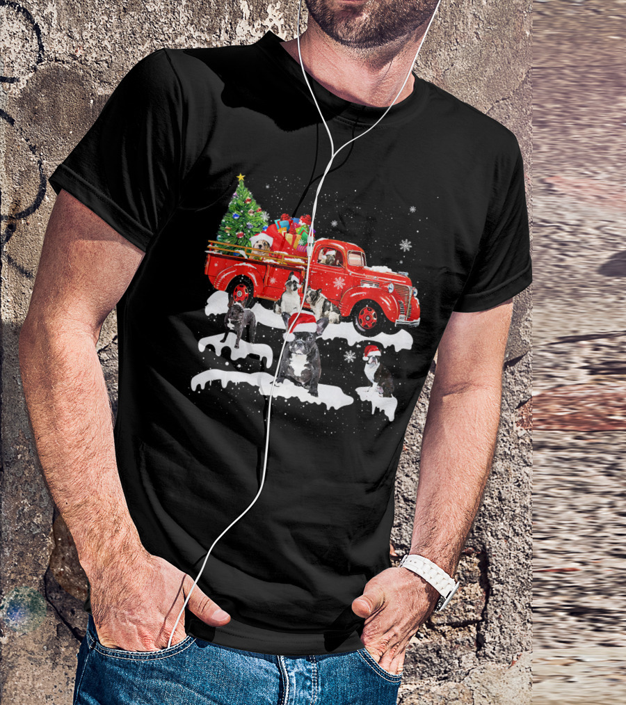 French Bulldog Riding Red Truck Xmas Mer Christmas Tree Presents Snow Santa Hats T-Shirt