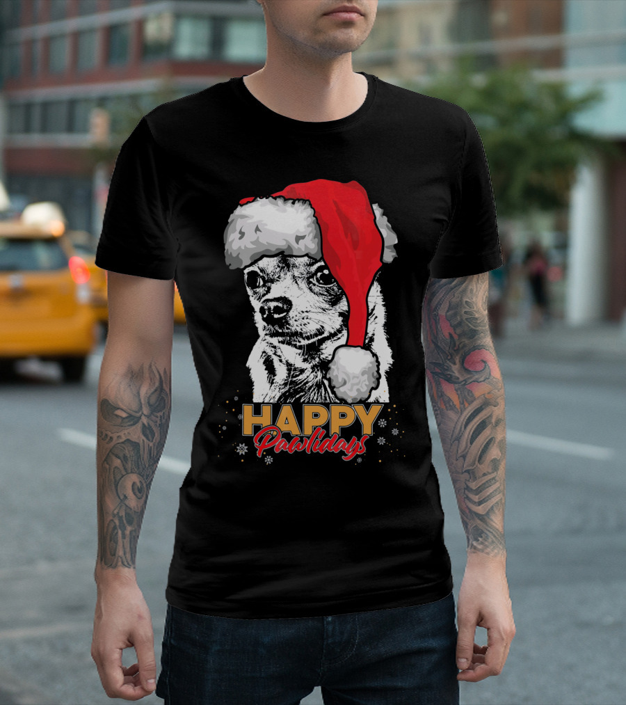 Happy Pawlidays Funny Christmas Chihuahua Santa Hat T-Shirt