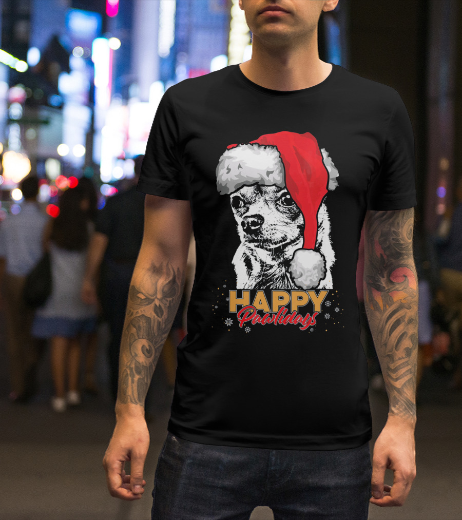 Happy Pawlidays Funny Christmas Chihuahua Santa Hat T-Shirt