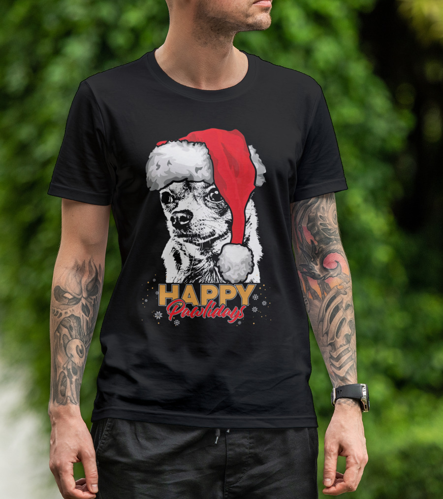 Happy Pawlidays Funny Christmas Chihuahua Santa Hat T-Shirt