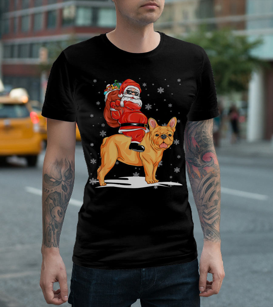 Santa Claus Adventuring on French Bulldog with Snowflakes T-Shirt