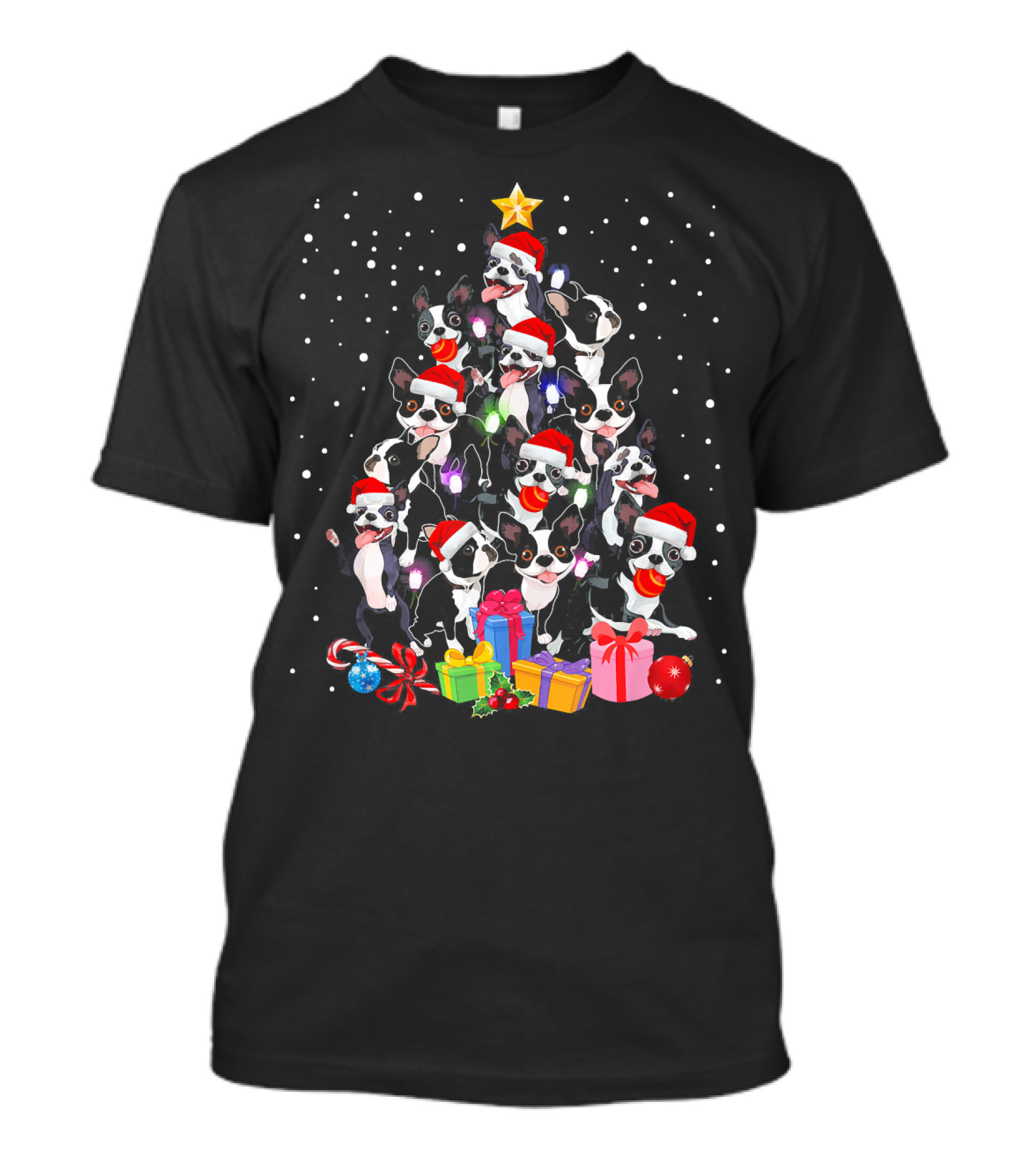 French Bulldog Christmas Tree With Santa Hats Lights Gifts Snow T-Shirt