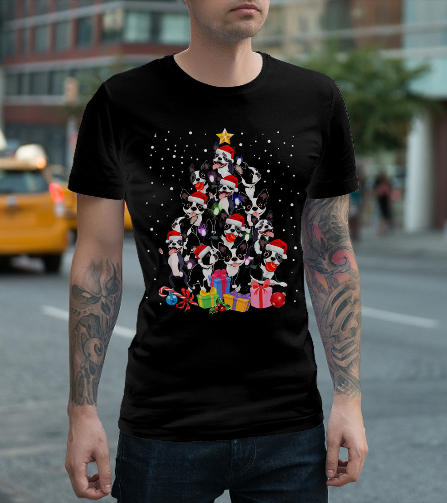 French Bulldog Christmas Tree With Santa Hats Lights Gifts Snow T-Shirt