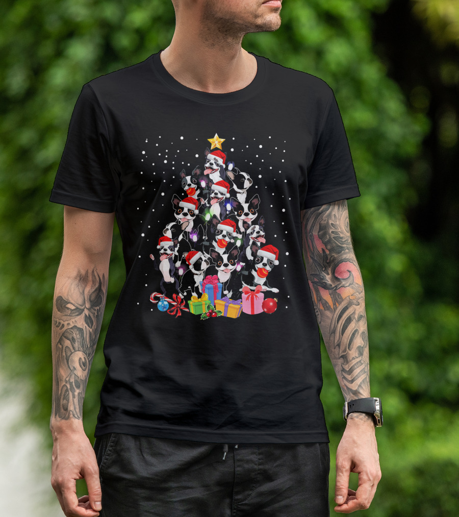 French Bulldog Christmas Tree With Santa Hats Lights Gifts Snow T-Shirt