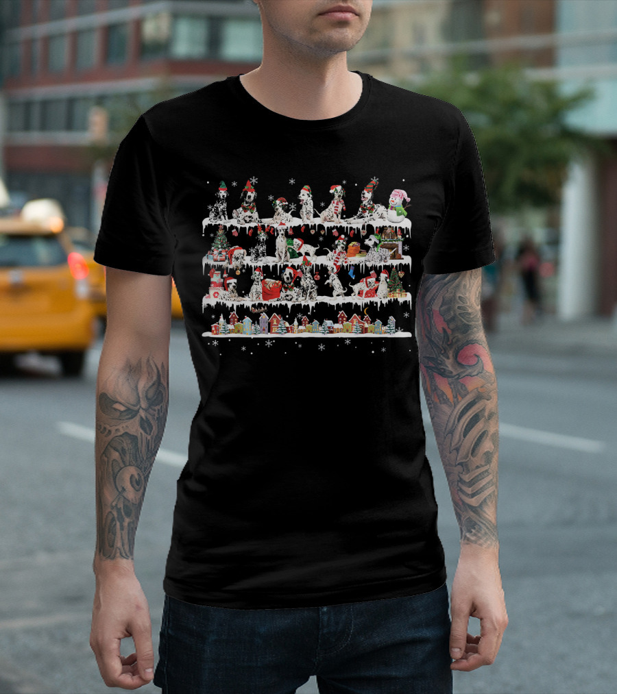 Dalmatians Santa Snowflakes Christmas Town Festive Scene T-Shirt