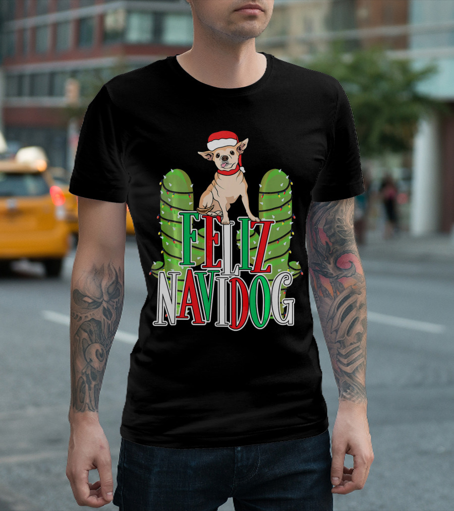 Feliz Navidog Chihuahua Santa Hat Christmas Cactus Lights T-Shirt