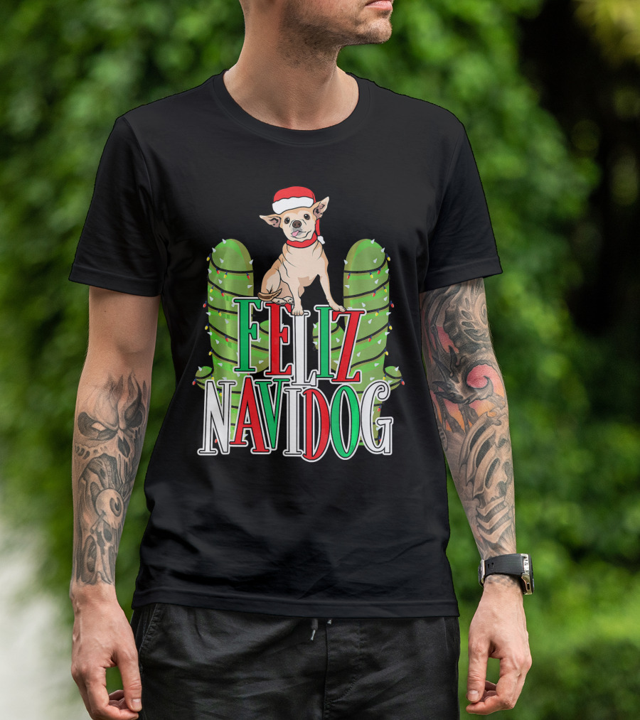 Feliz Navidog Chihuahua Santa Hat Christmas Cactus Lights T-Shirt