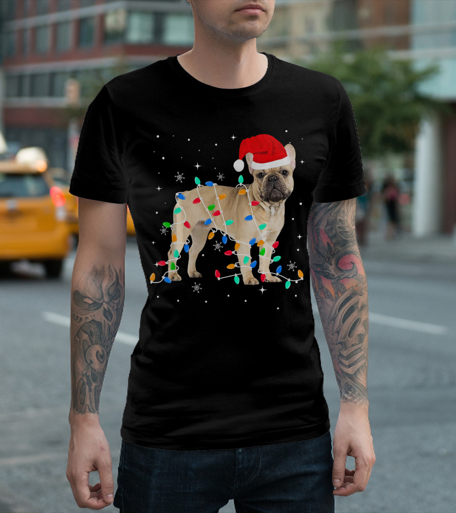 French Bulldog Wrapped in Christmas Lights Santa Hat Snowflakes T-Shirt