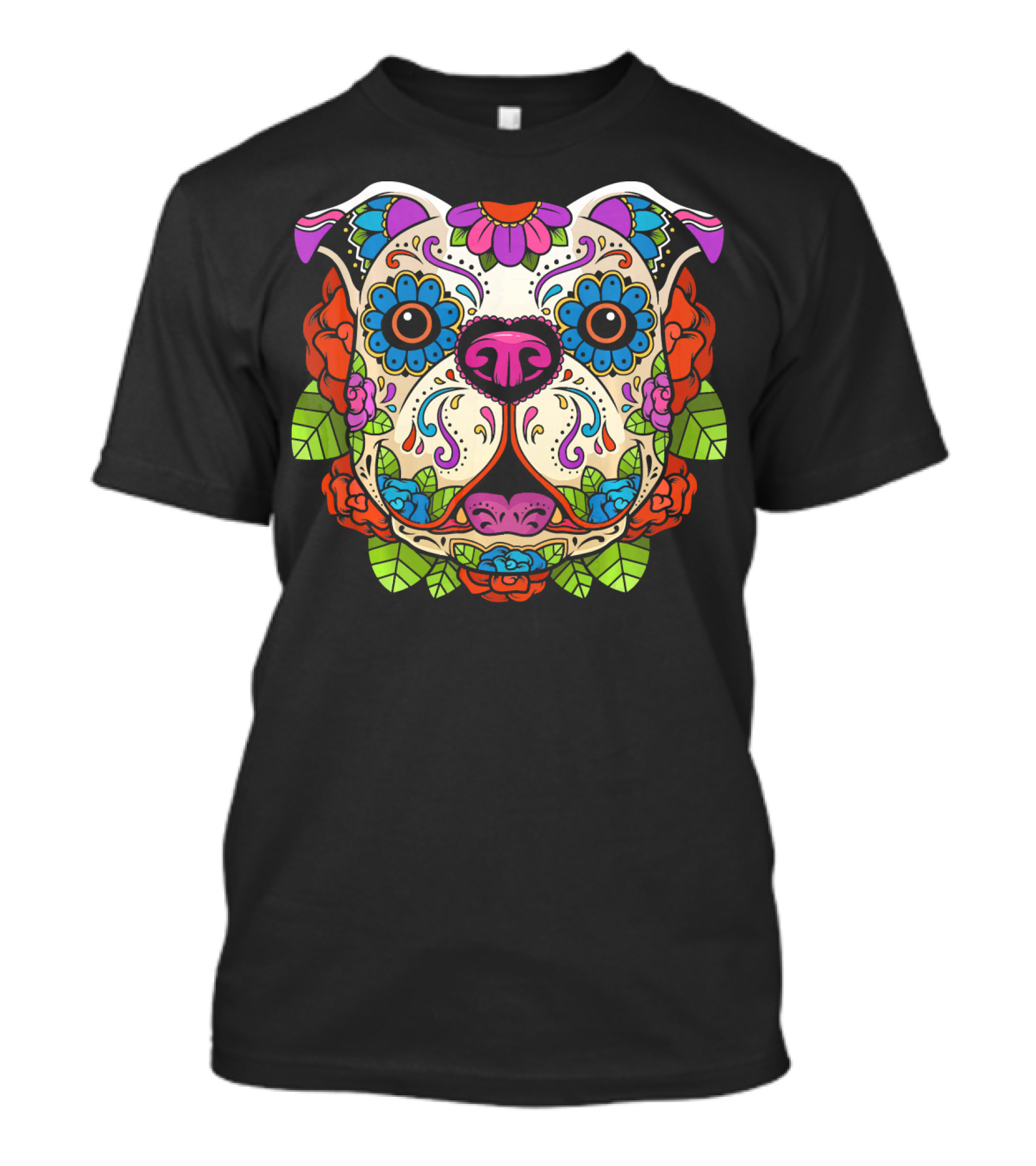 English Bulldog Sugar Skull Calavera Dog Face Art Roses And Leaves Decoration T-Shirt