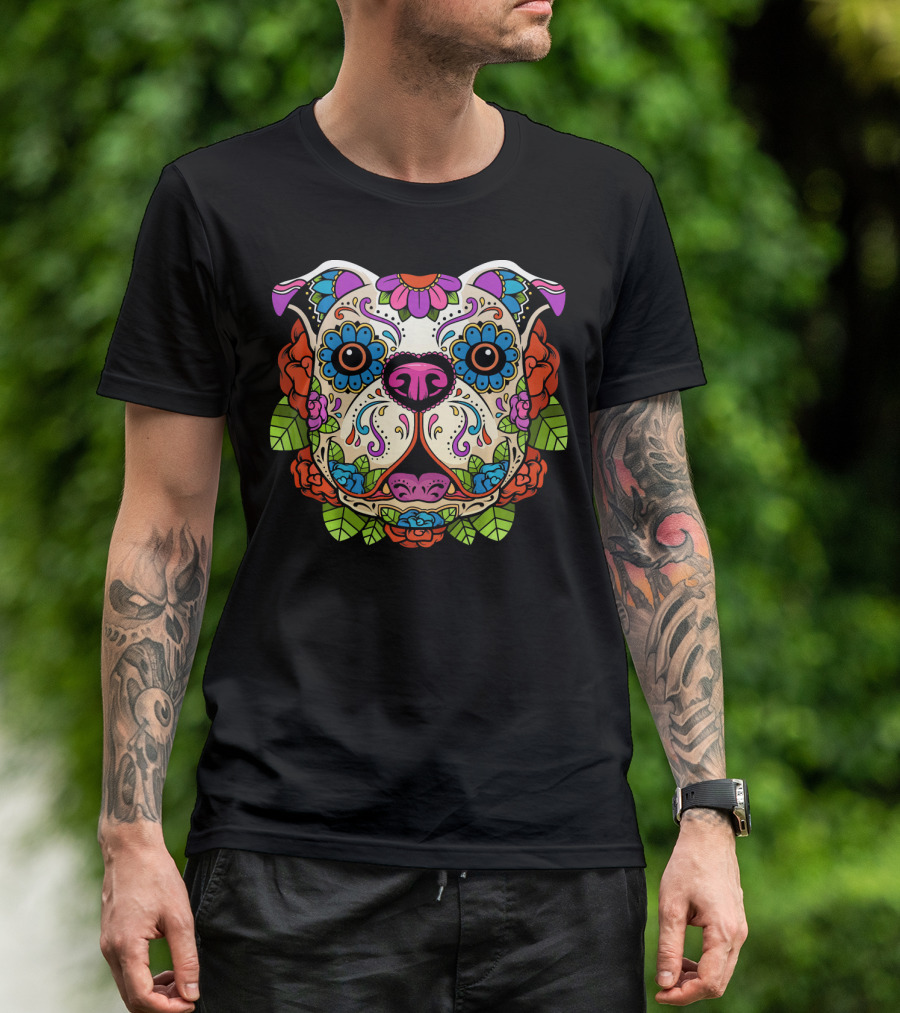 English Bulldog Sugar Skull Calavera Dog Face Art Roses And Leaves Decoration T-Shirt