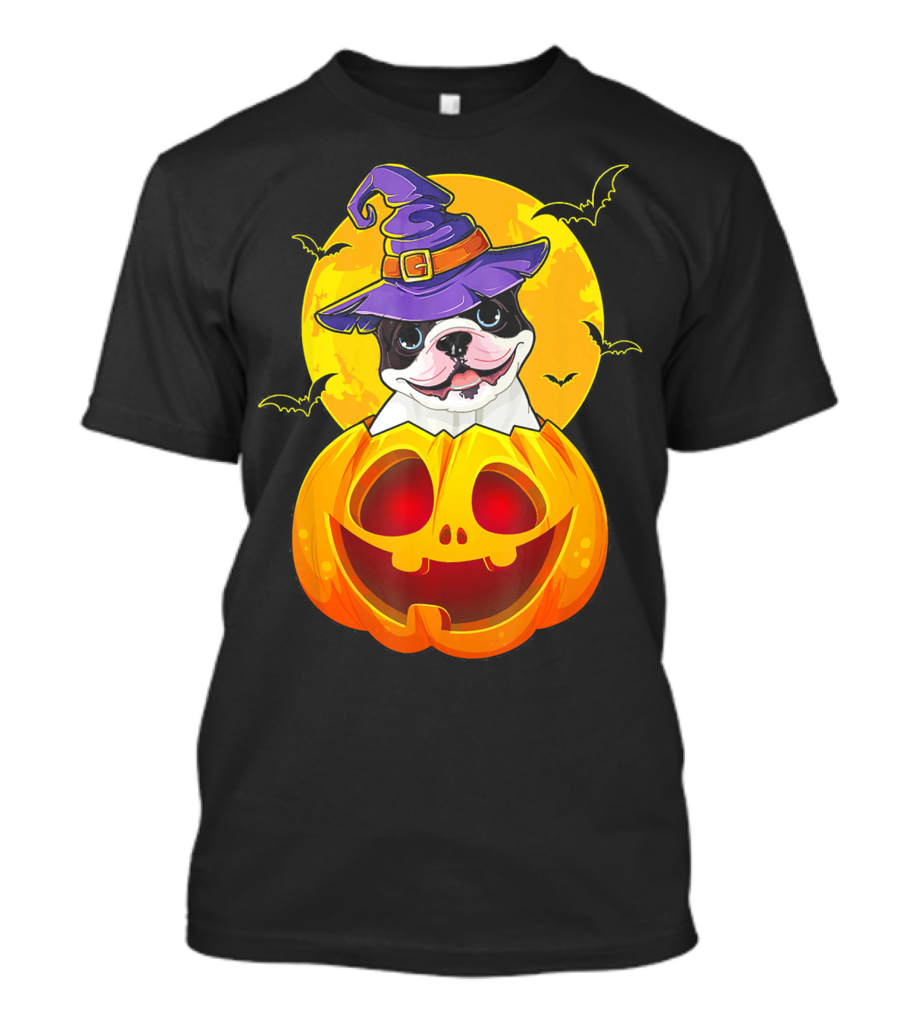 French Bulldog In Witch Hat Inside Jack O Lantern With Bats And Full Moon T-Shirt